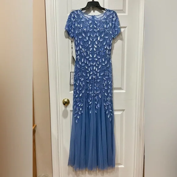 Beautiful Adrianna Papell Blue Dress with Floral Beaded & Sequins Embroidery - Picture 7 of 15